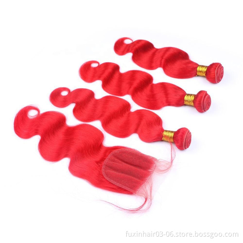Wine Human Hair Weave Bundles with Closure Extension Red Hair Fuxin Brazilian Remy Hair WEAVING Machine Double Weft >=20%